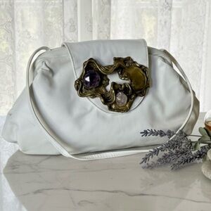 VTG Fancy Nancy Amethyst & Quarts White Leather Bag